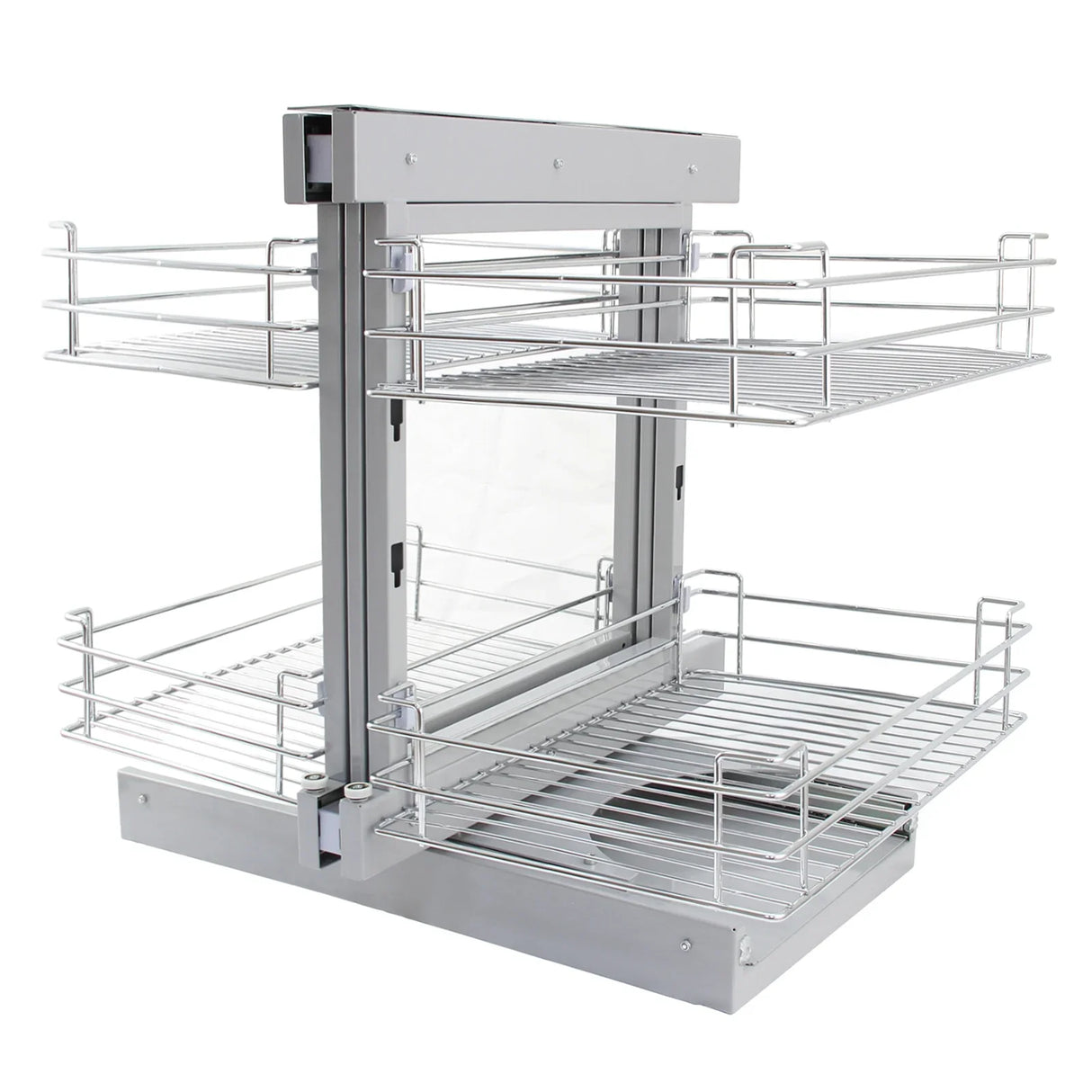 KuKoo Magic Corner Pull Out Kitchen Cupboard Drawers in silver metal, featuring two wire shelves for efficient storage and easy access