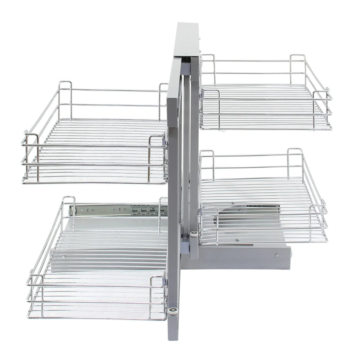 KuKoo Magic Corner Pull Out Kitchen Cupboard Drawers in silver metal, featuring four wire baskets for efficient storage and easy access