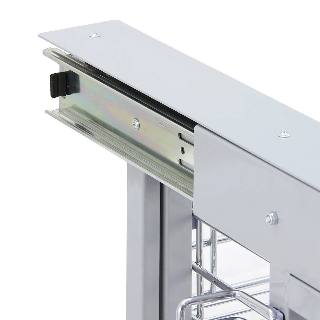 Right-hand KuKoo Magic Corner pull-out kitchen cupboard drawer with smooth metal rails and a sleek silver finish for easy access