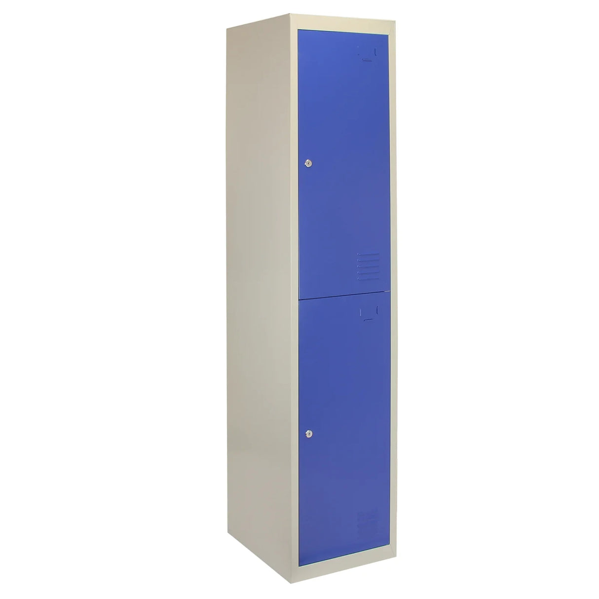 Tall metal storage locker in blue with two doors, featuring a sleek design and a durable finish, ideal for organizing spaces
