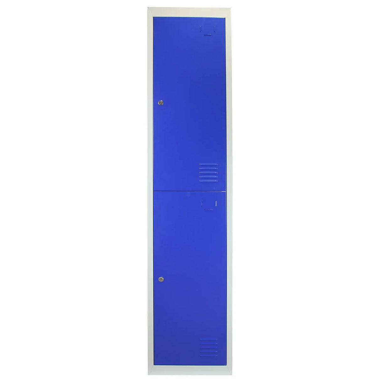 Blue metal storage lockers with two doors, featuring a sleek design and flatpacked for easy assembly, ideal for organizing spaces