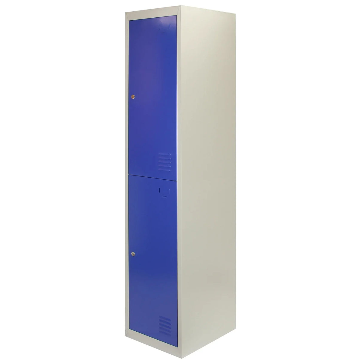Blue metal storage locker with two doors, flatpacked design, featuring ventilation slots and a sleek, modern finish