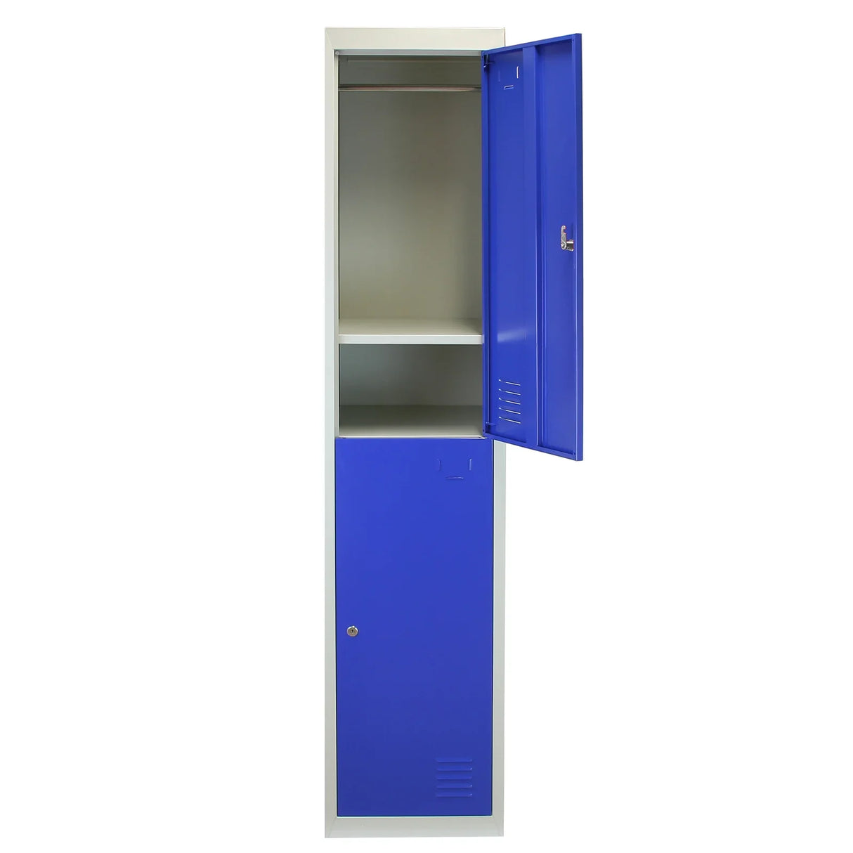 Metal storage locker with two doors, featuring a vibrant blue finish, flatpack design, and interior shelves for organization