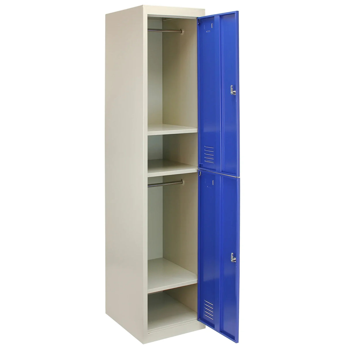 Metal storage locker with two blue doors, featuring a sleek design, flatpack structure, and spacious interior shelves for organization
