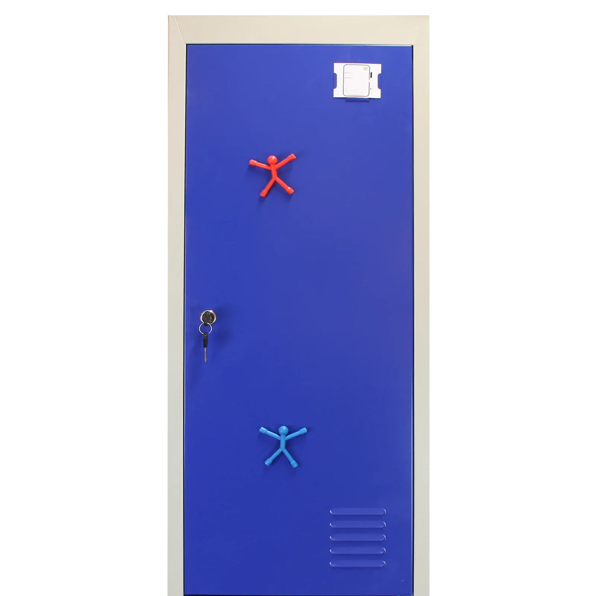 Blue metal storage locker with two doors, featuring playful red and blue figures, keyhole, and ventilation slits at the bottom
