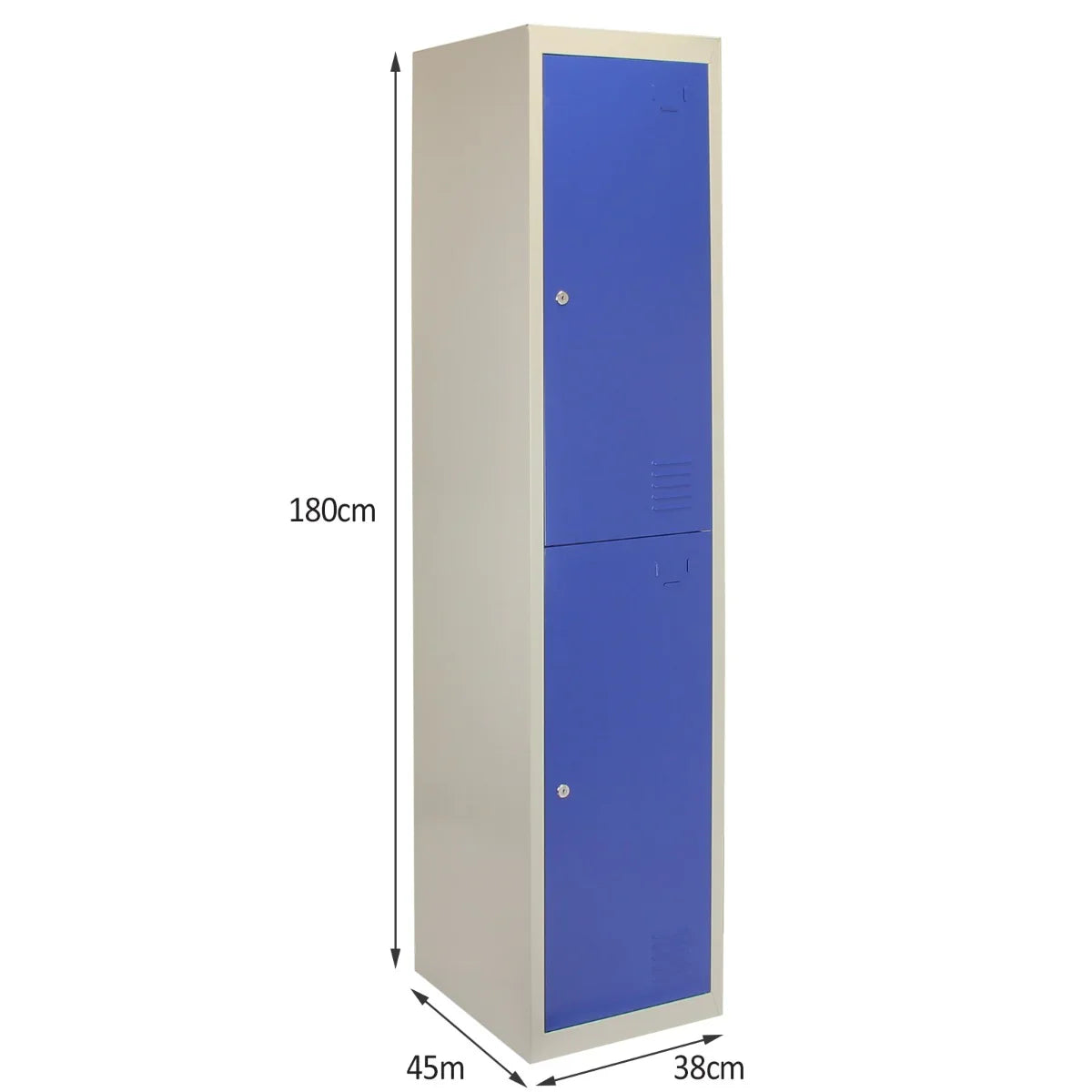 Blue metal storage lockers with two doors, flatpacked design, measuring 180cm tall, 45cm wide, and 38cm deep, ideal for organization