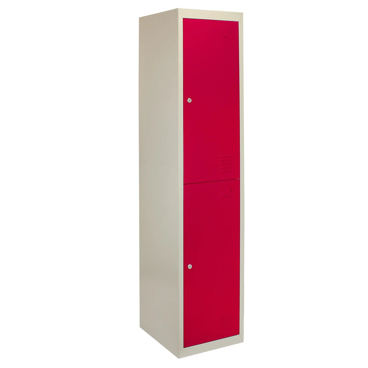 Red metal storage lockers with two doors, featuring a sleek design and flatpacked for easy assembly, ideal for organizing spaces