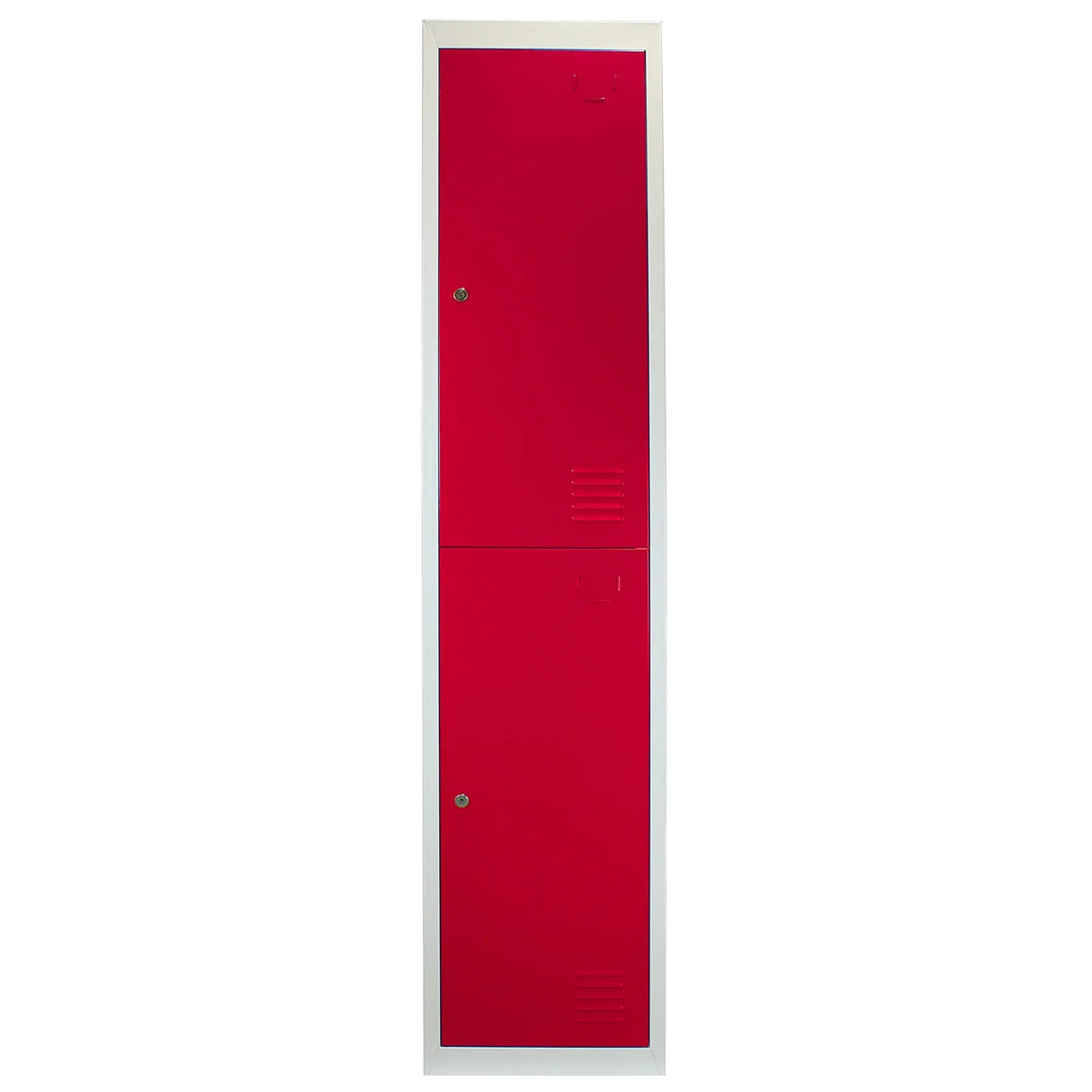 Red metal storage lockers with two doors, featuring a sleek flatpacked design and textured surface for durability