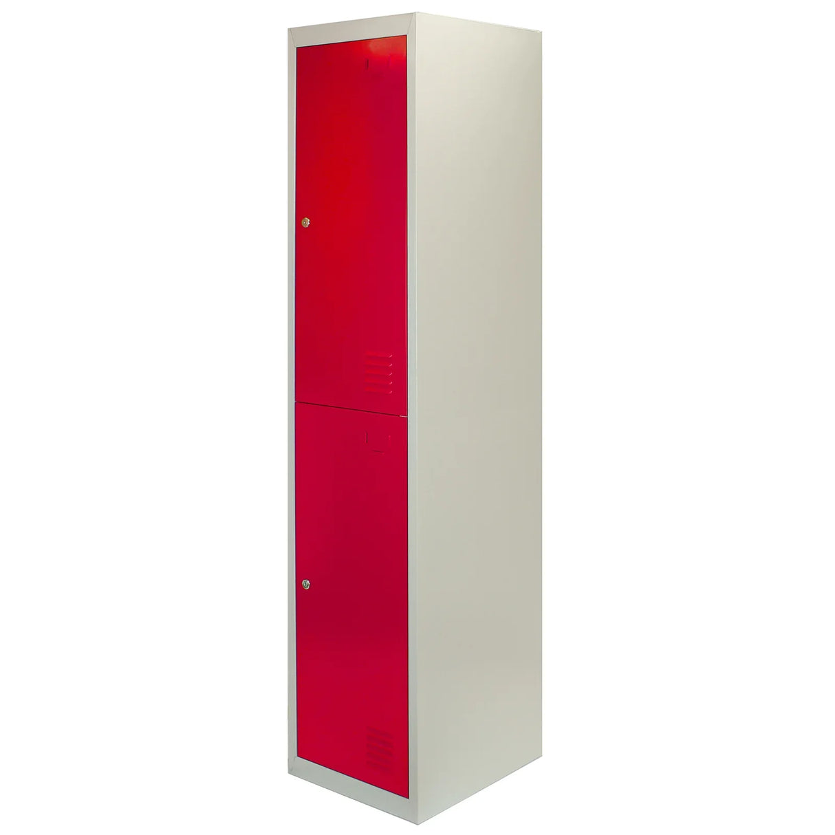 Red metal storage lockers with two doors, flatpacked design, featuring a sleek finish and ventilation holes for airflow