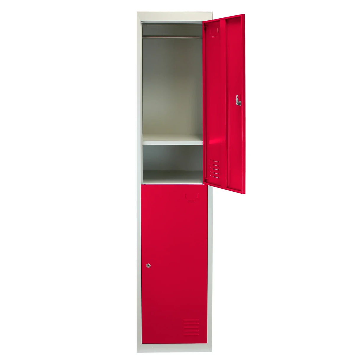 Red metal storage locker with two doors, featuring a sleek design, flat-packed for easy assembly, and ample interior shelving