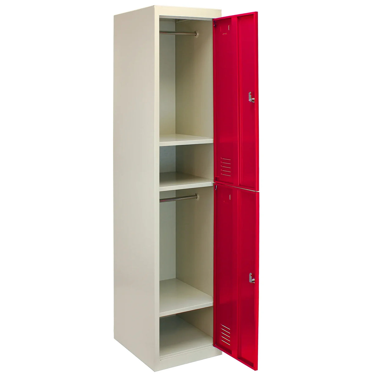 Red metal storage locker with two doors, featuring a sleek design, flatpack structure, and spacious interior shelves for organization