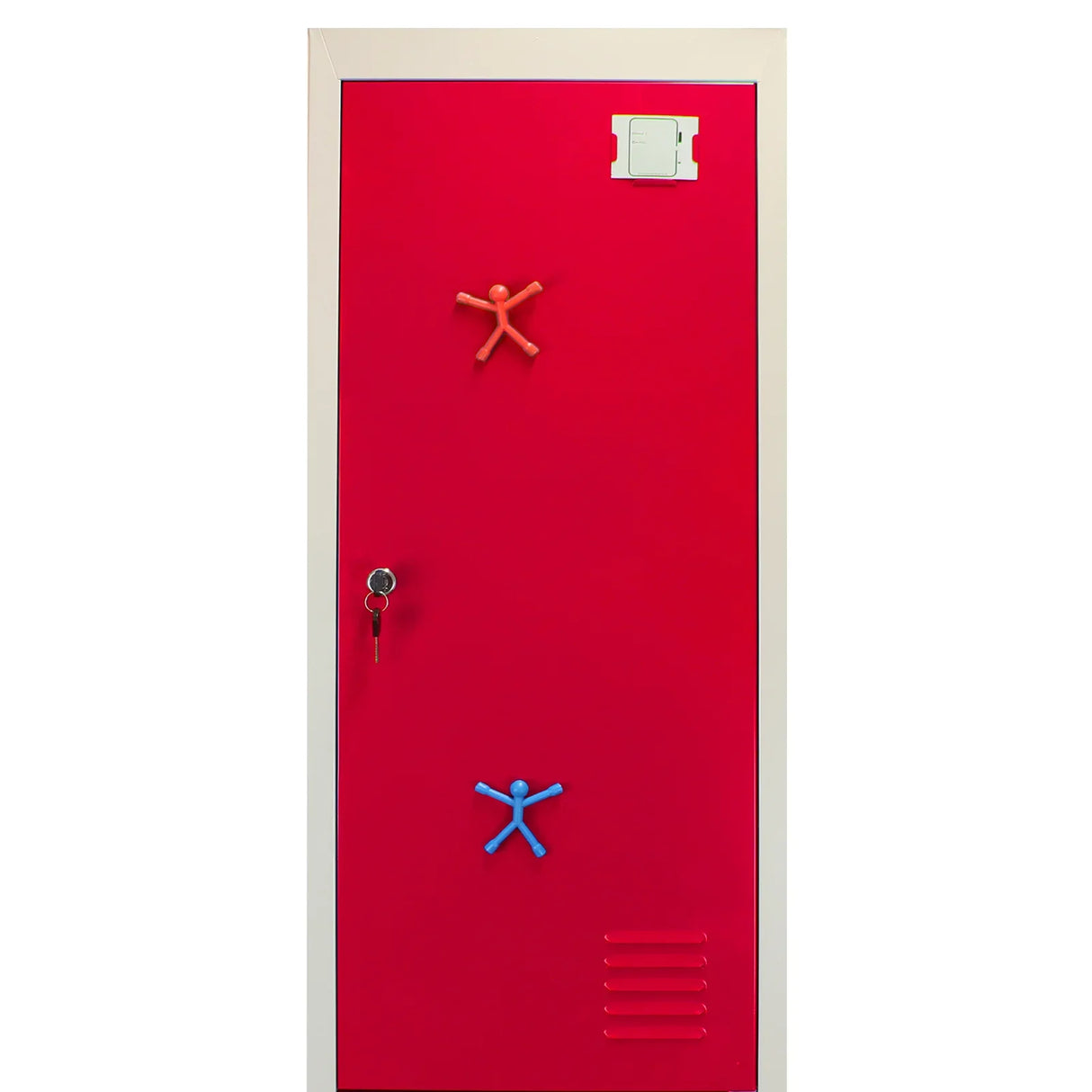 Red metal storage locker with two doors, featuring playful blue and orange figures, key lock, and ventilation slits at the bottom