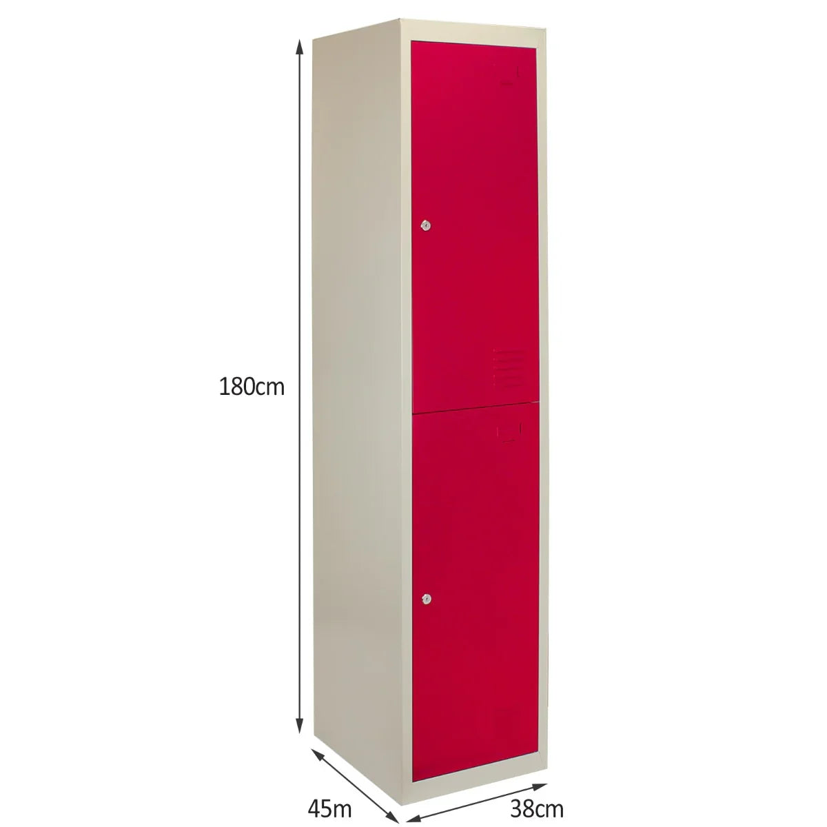 Red metal storage locker with two doors, sleek design, flatpack for easy assembly, dimensions 180cm x 45cm x 38cm