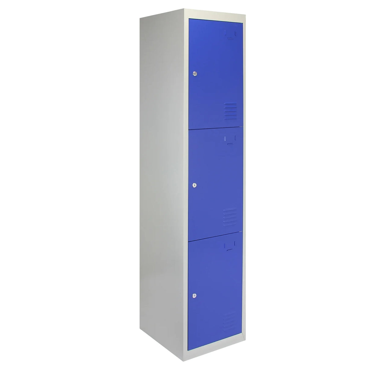 Three-door metal storage lockers in blue with a sleek design, featuring a flatpack structure and ventilation slots on each door