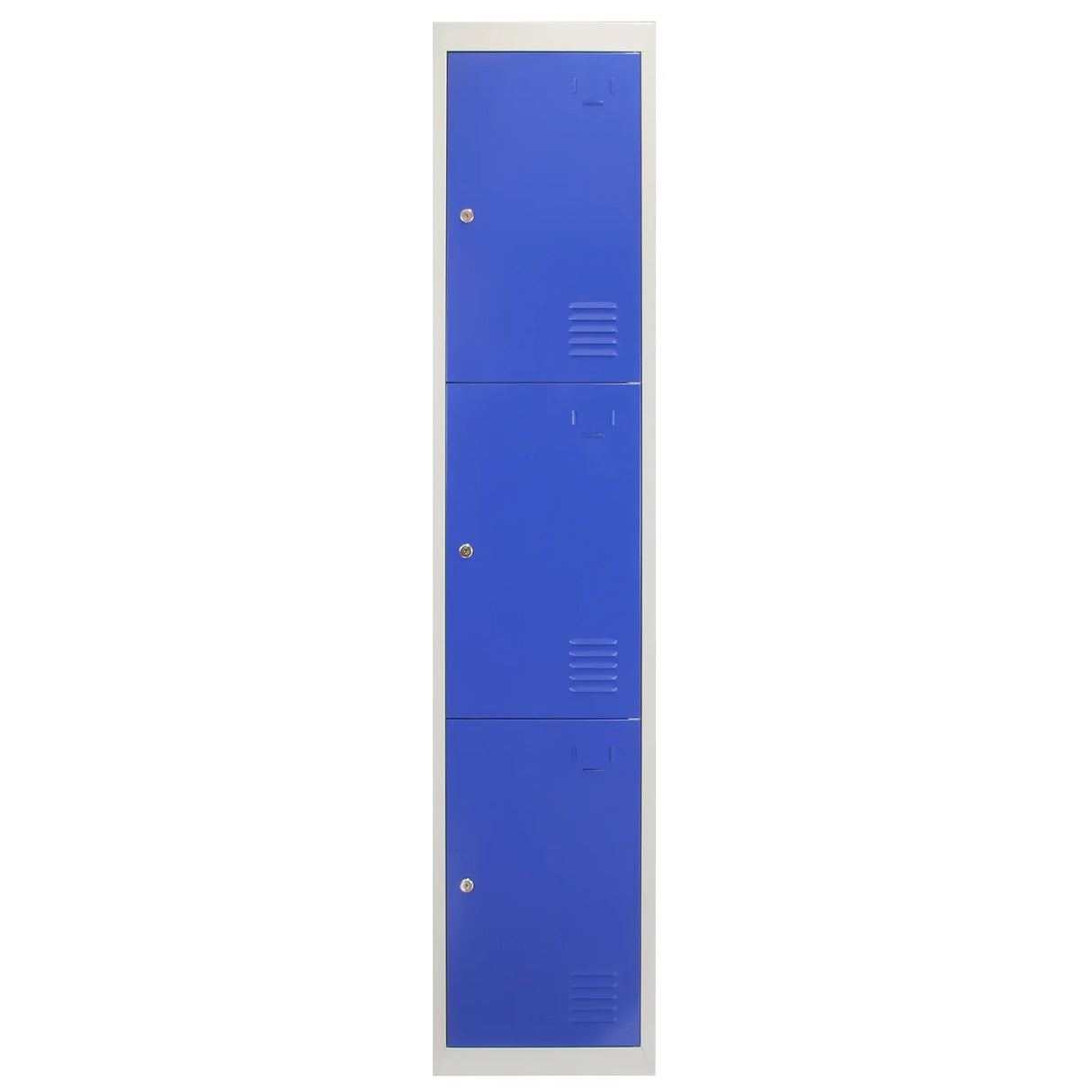 Blue metal storage lockers with three doors, featuring a sleek flatpacked design and textured surfaces for durability