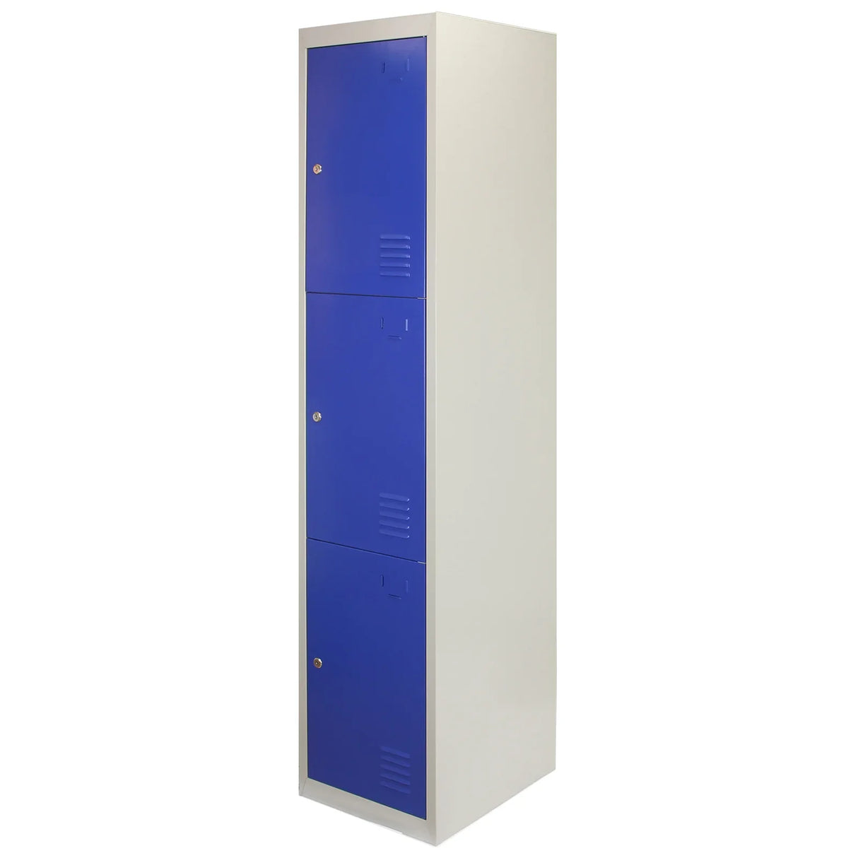 Three-door metal storage lockers in blue with a sleek design, flatpacked for easy assembly, featuring ventilation slots and secure locks