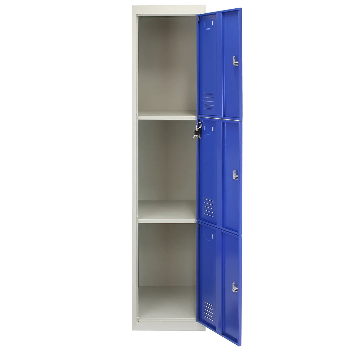 Three-door metal storage locker in blue, featuring a flatpacked design, with a smooth finish and ventilation slots on each door