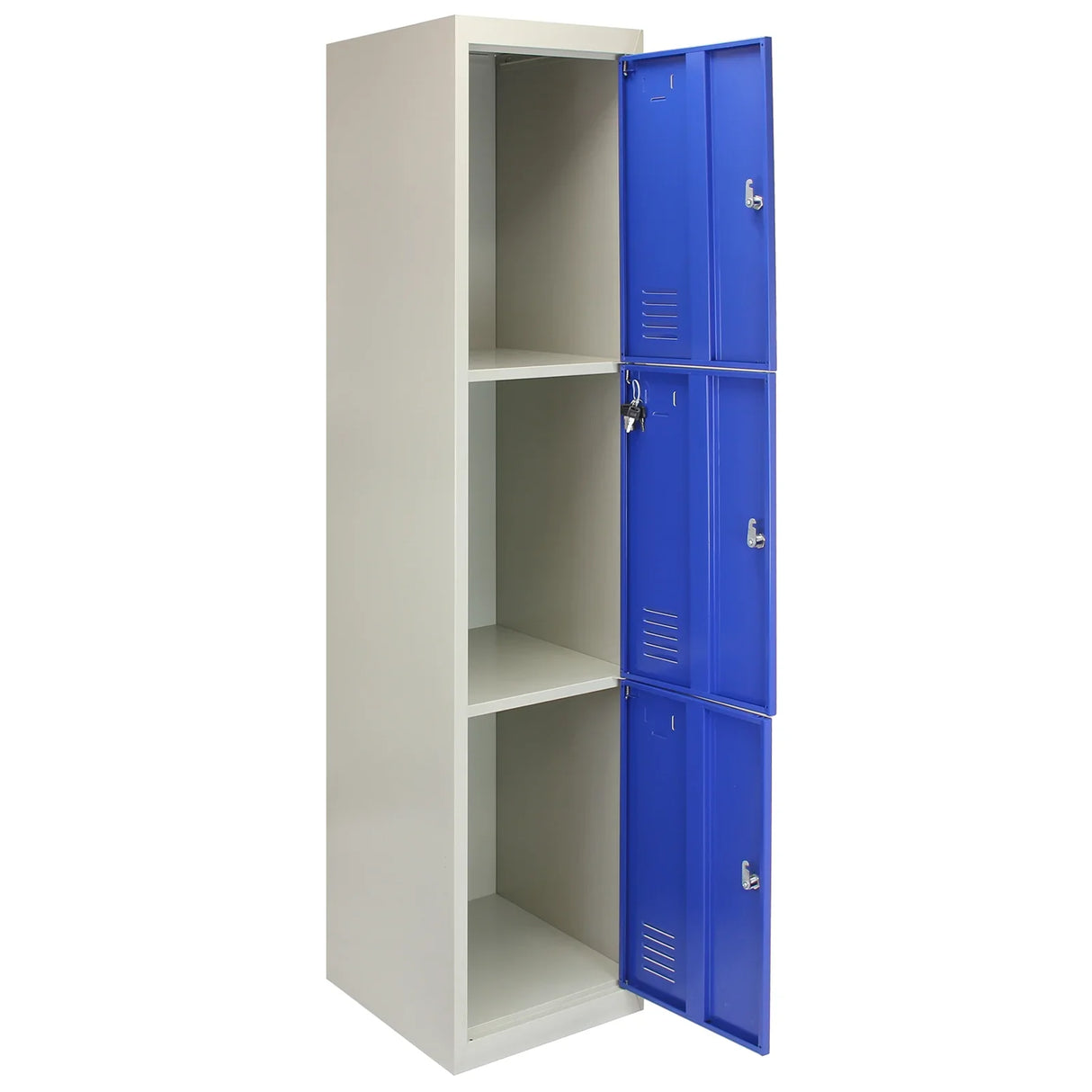 Three-door metal storage lockers in blue with a sleek design, featuring a flatpack structure and spacious interior compartments