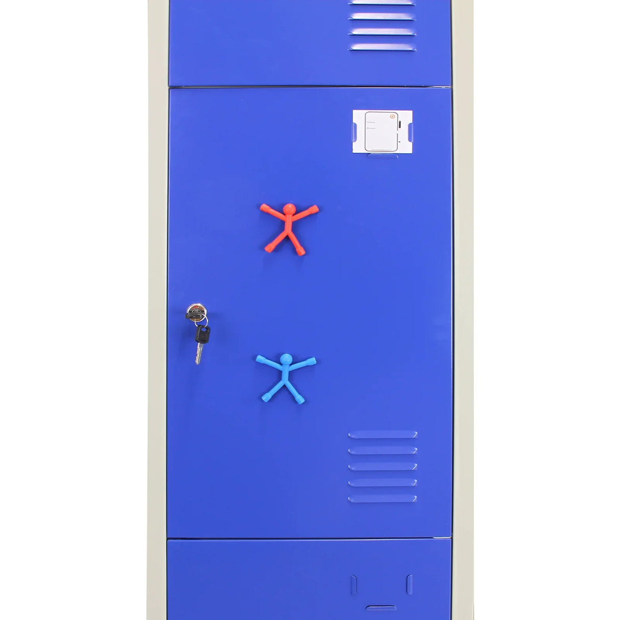 Blue metal storage locker with three doors, featuring playful red and blue figures, a key lock, and ventilation slits