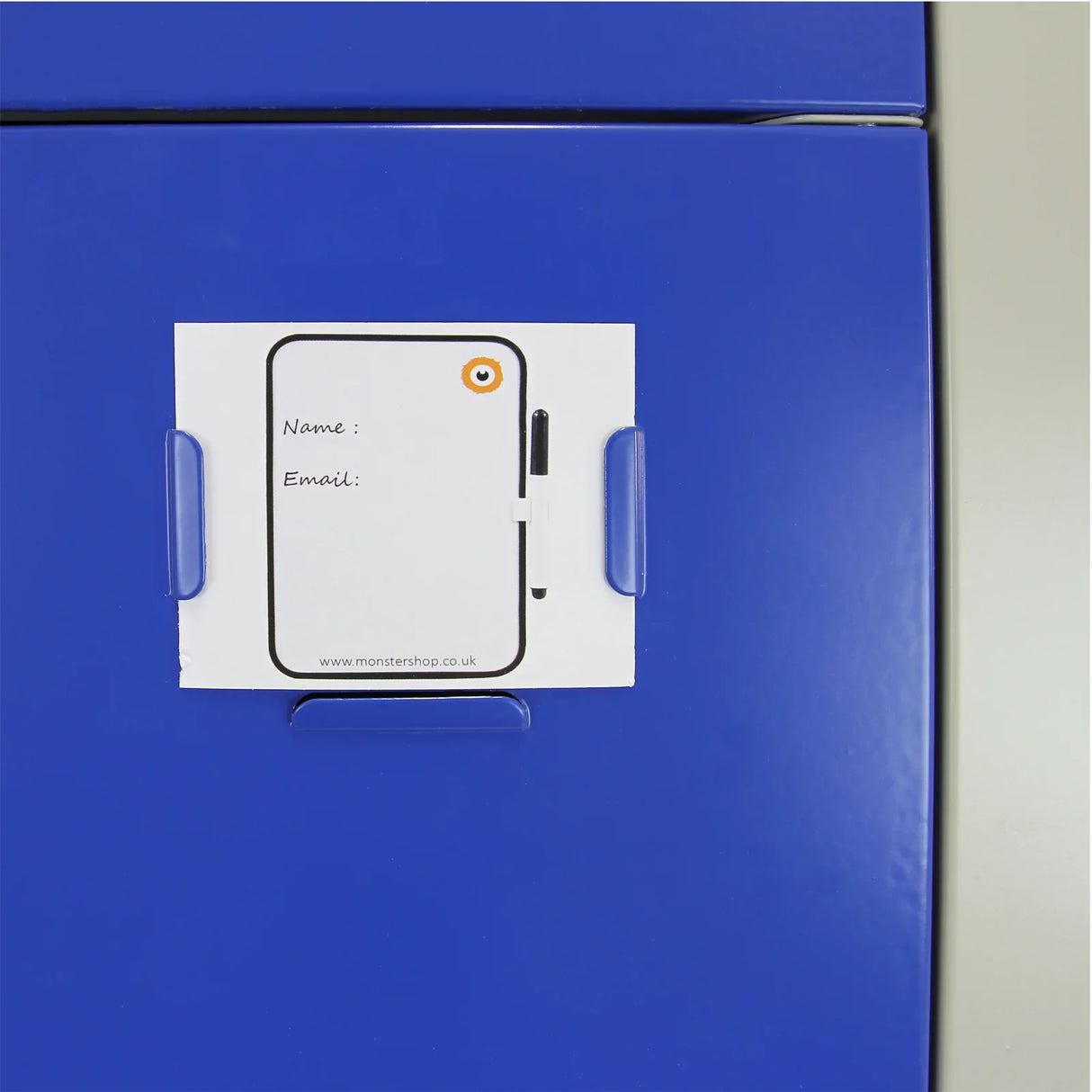 Blue metal storage locker with three doors, featuring a label holder for personalizing with name and email details