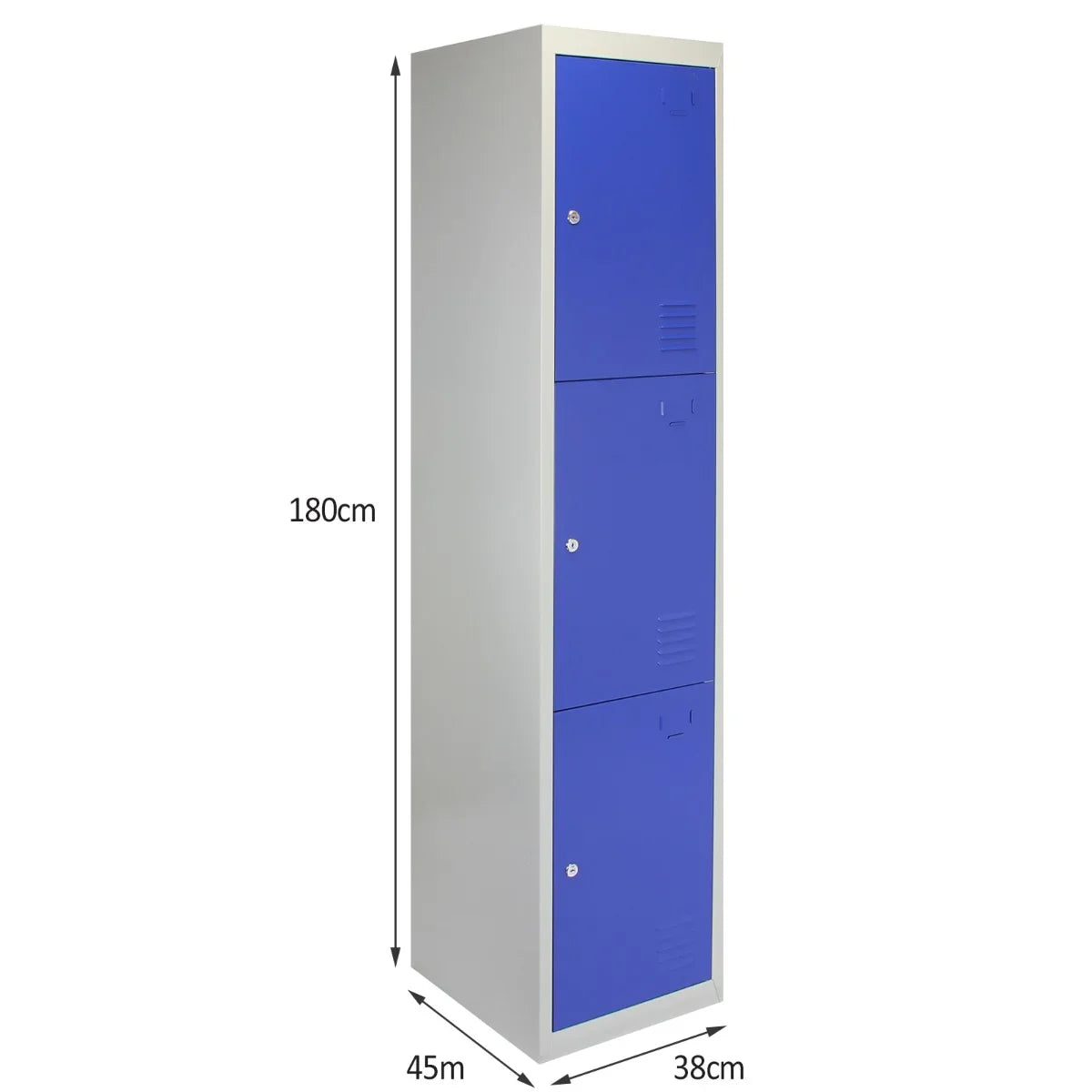 Three-door metal storage locker in blue, featuring a sleek design, flatpacked for easy assembly, measuring 180cm tall, 45cm wide, and 38cm deep