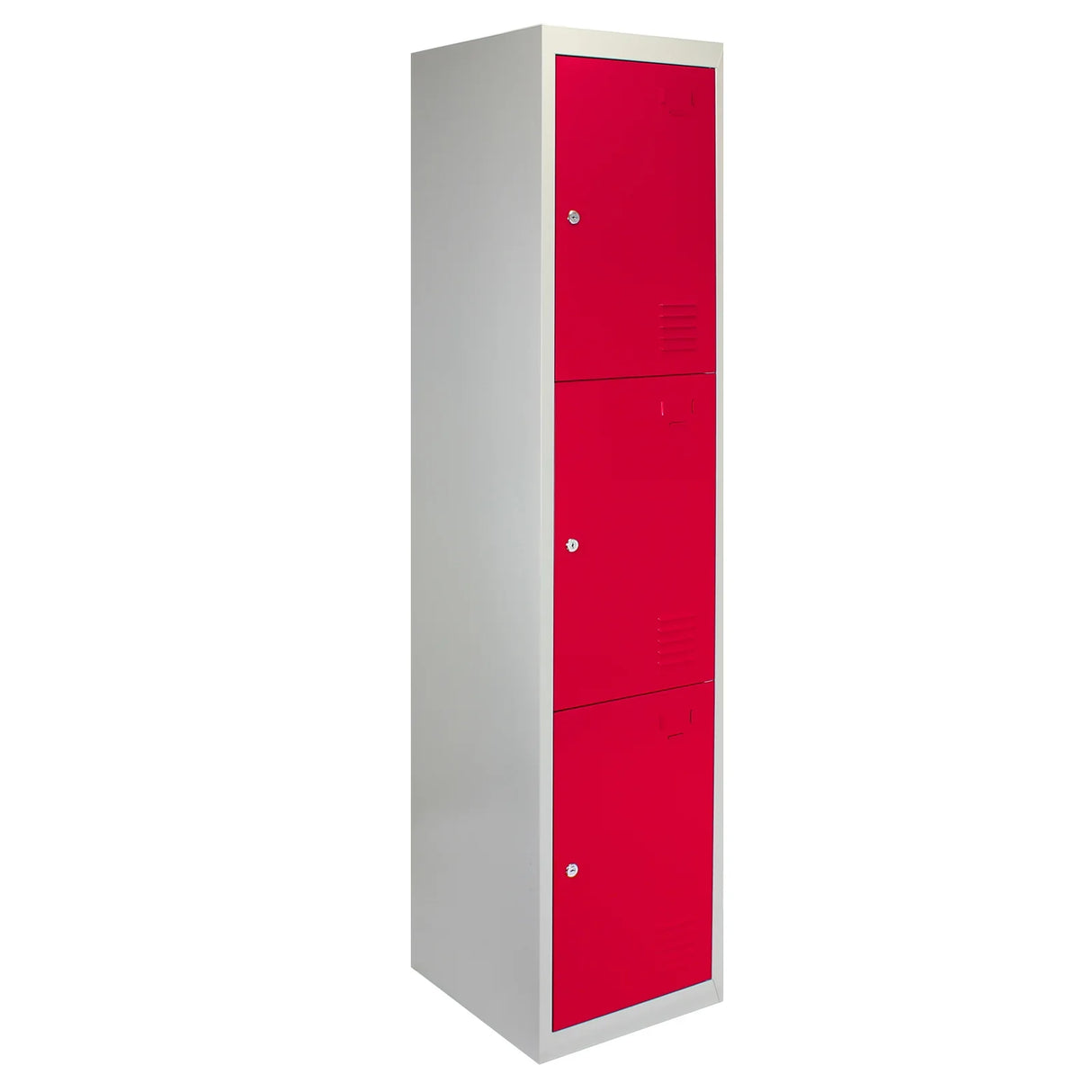 Three-door metal storage lockers in vibrant red with a sleek silver frame, featuring a flatpack design for easy assembly