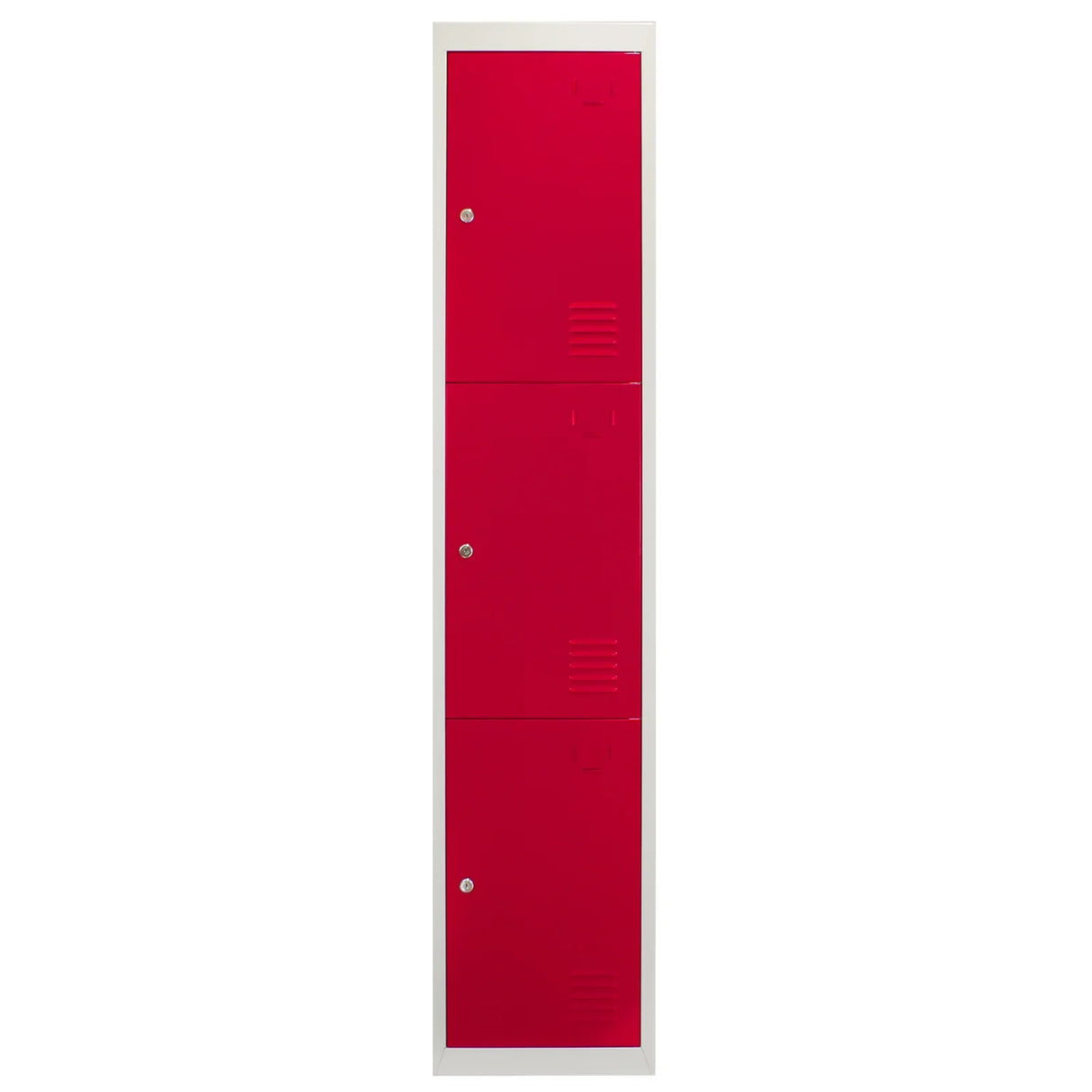 Red metal storage lockers with three doors, featuring ventilation slots and a sleek flatpacked design for easy assembly