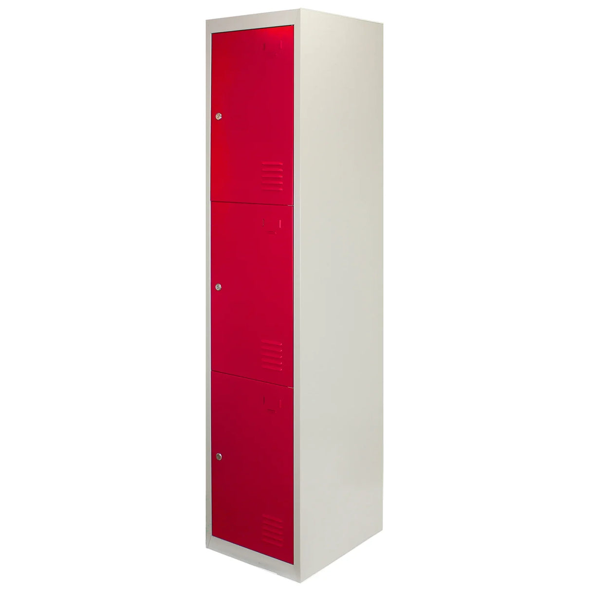 Three-door metal storage lockers in red and white, featuring a sleek design and flatpacked for easy assembly, ideal for organizing spaces