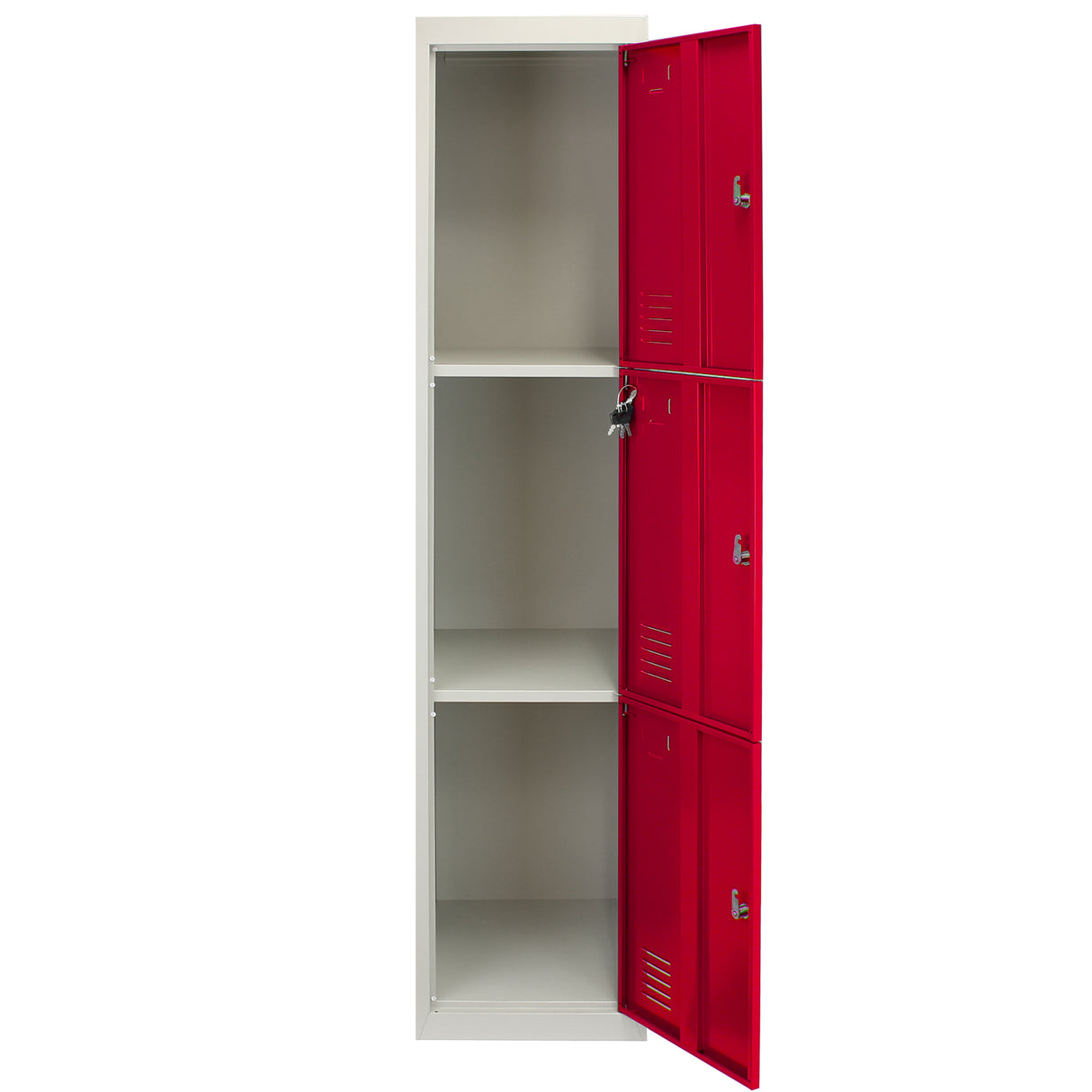 Red metal storage lockers with three doors, flatpacked design, featuring ventilated sides and spacious interior shelves