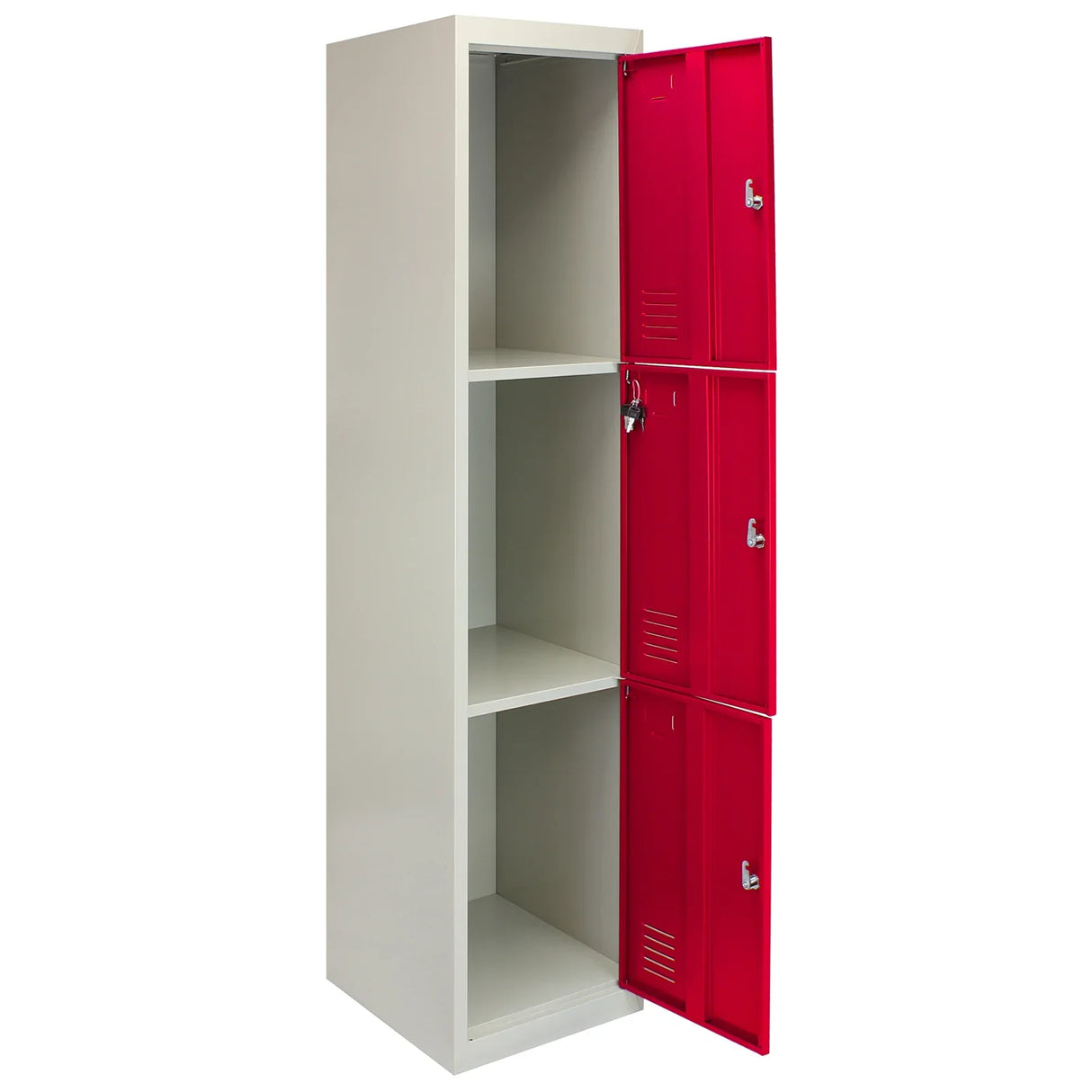 Three-door metal storage lockers in red with a sleek design, featuring a flatpack structure and smooth finish for easy assembly