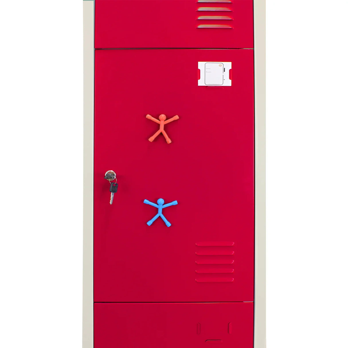 Red metal storage locker with three doors, featuring playful blue and orange figures, key lock, and ventilation slots