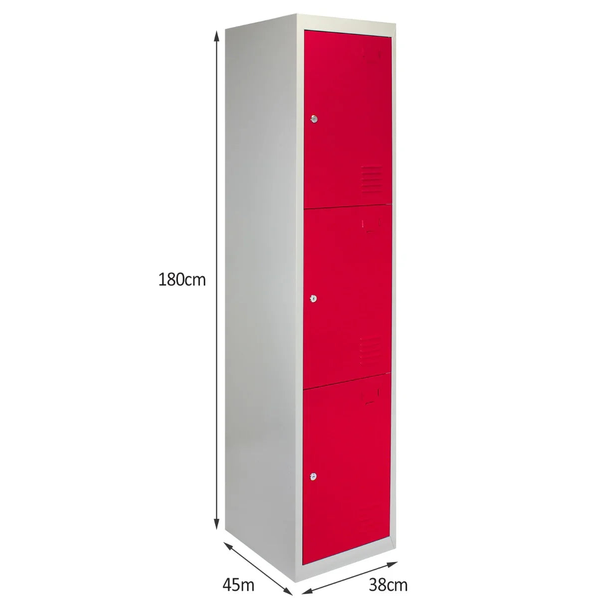 Three-door metal storage lockers in vibrant red, featuring a sleek design, sturdy construction, and ventilation holes for airflow