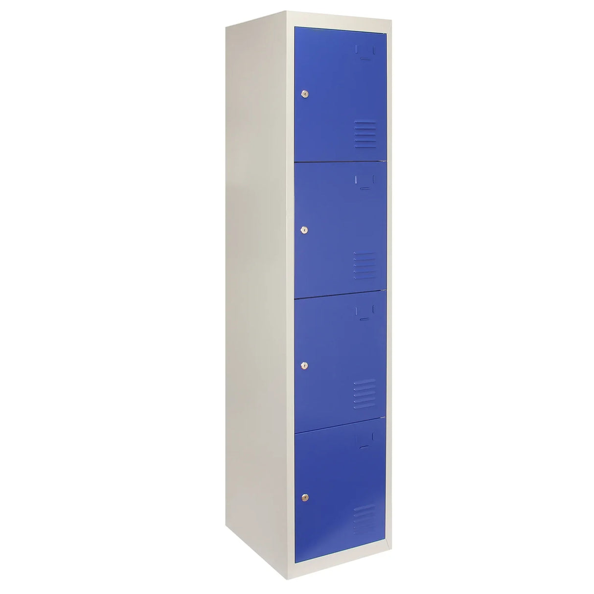 Four-door metal storage lockers in blue with a sleek design, featuring ventilation slots and a sturdy flatpack structure