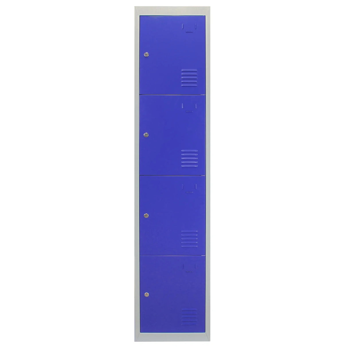 Four-door metal storage lockers in vibrant blue, featuring a sleek design with textured panels and secure locking mechanisms