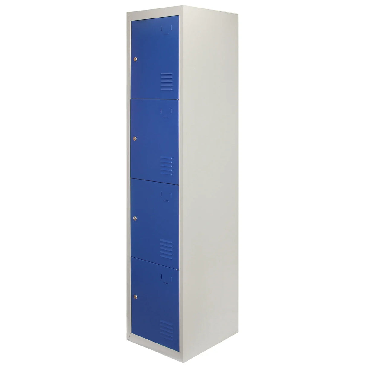 Four-door metal storage lockers in blue with a sleek design, featuring ventilation slots and a sturdy flatpack construction