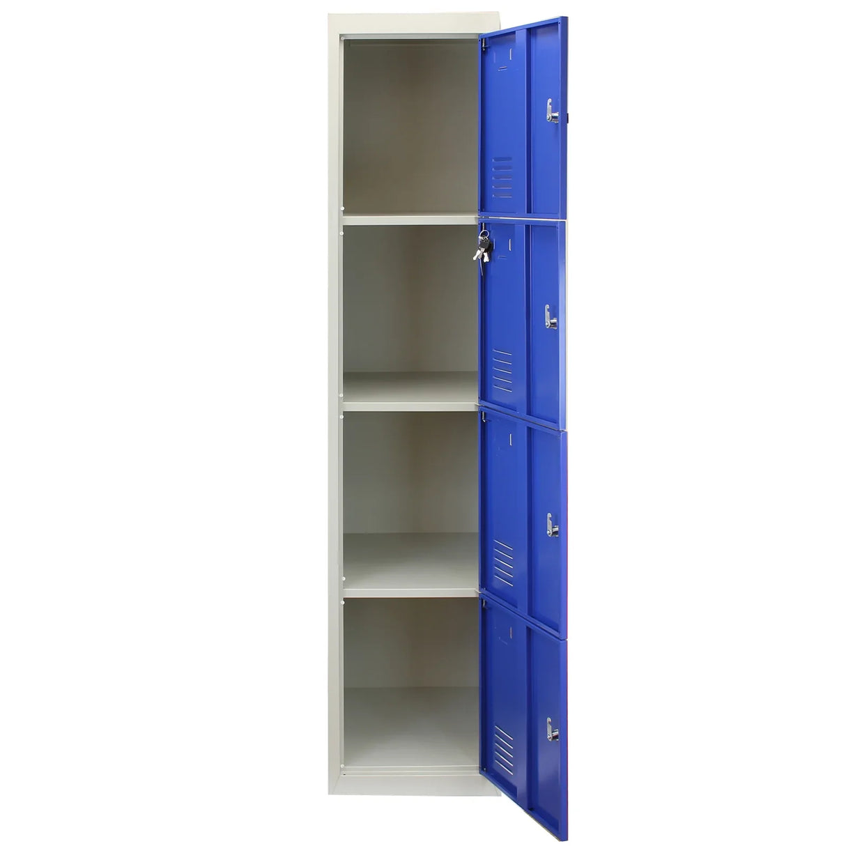 Four-door metal storage lockers in blue with a sleek design, featuring a flatpack structure and ample interior shelving space