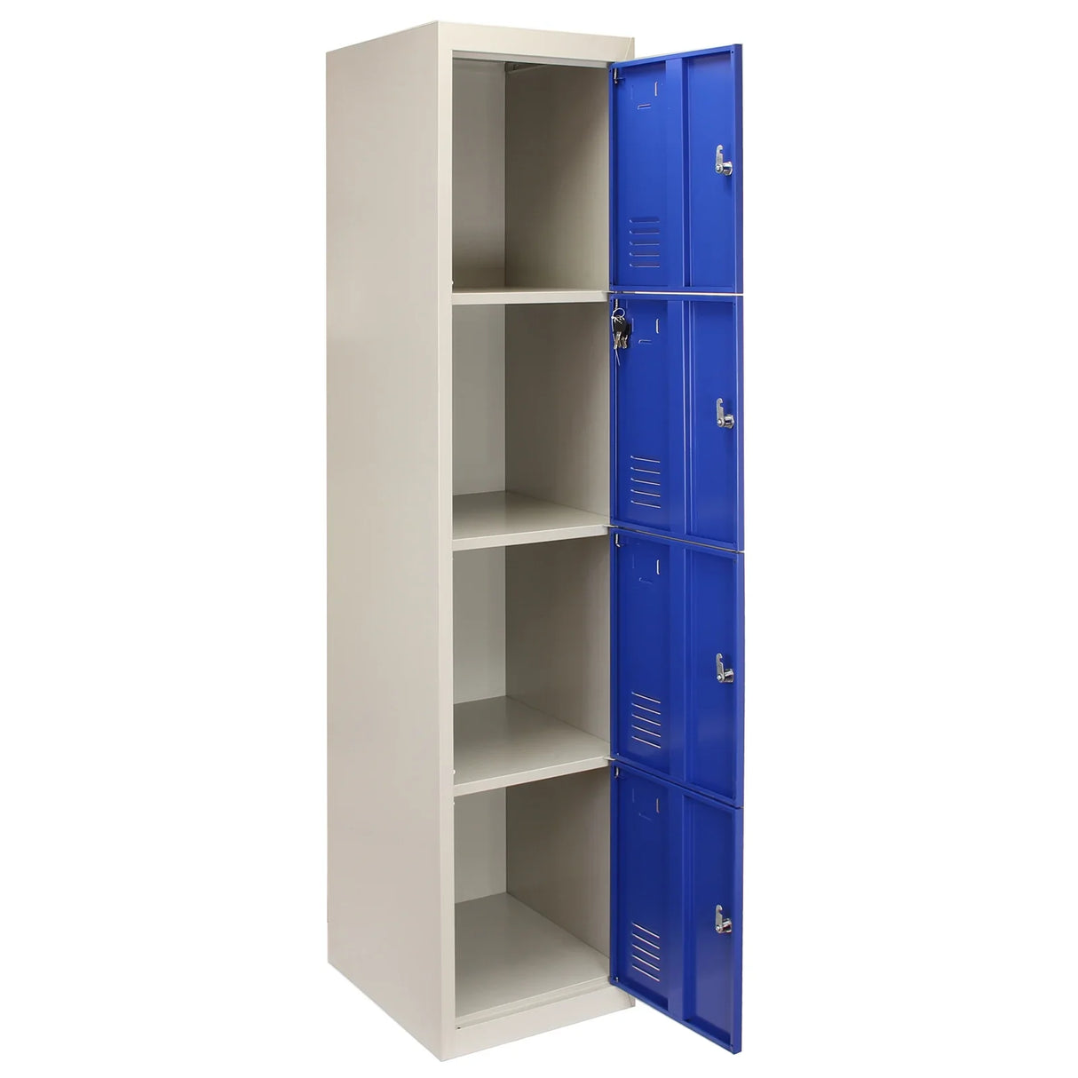Four-door metal storage lockers in blue with a sleek design, featuring a flatpack structure and spacious interior for organization