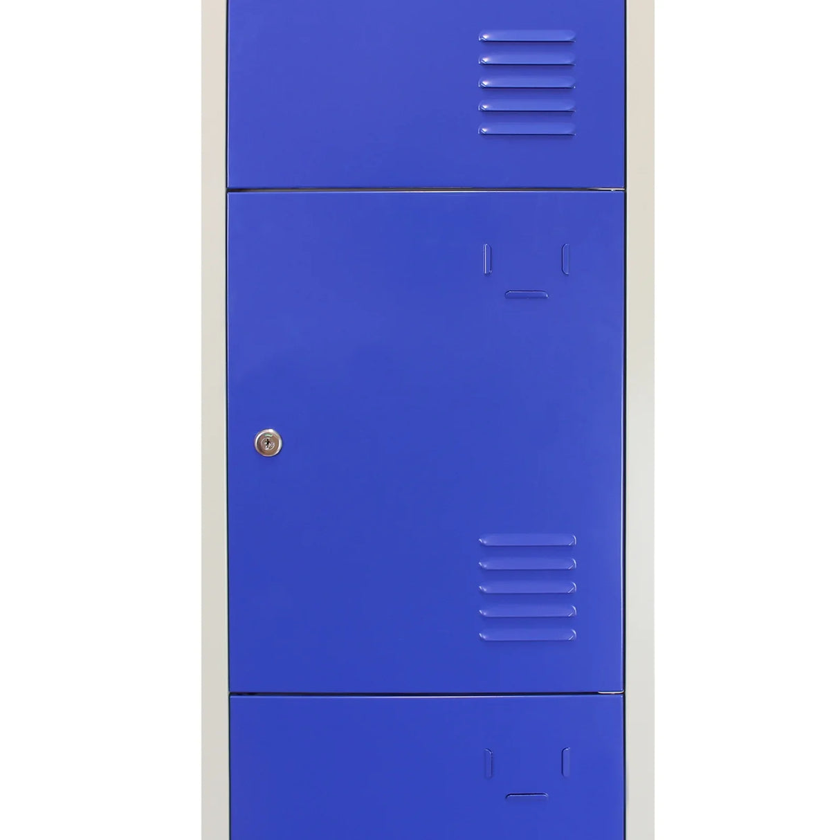 Blue metal storage locker with four doors, featuring ventilation slits and a secure lock, ideal for organizing personal items