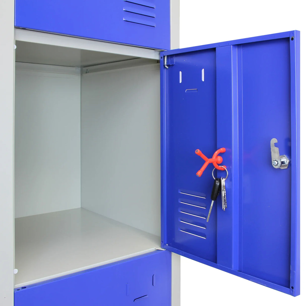 Blue metal storage locker with four doors, featuring an open door showcasing a spacious interior and hanging keys for security