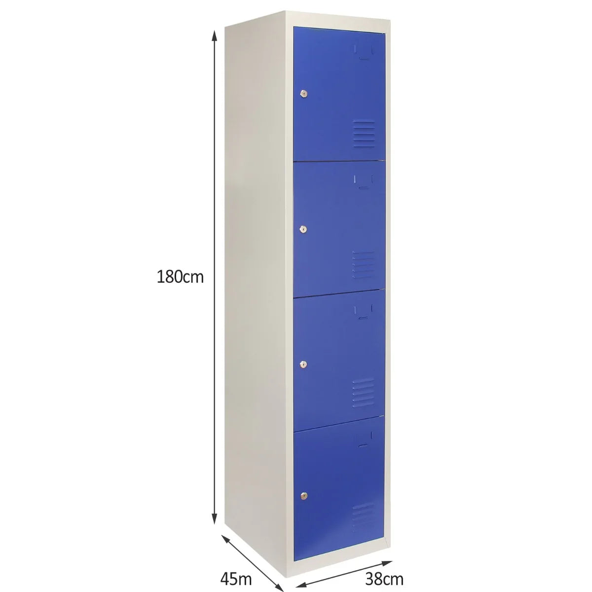 Four-door metal storage lockers in blue, featuring a sleek design, smooth finish, and sturdy construction, ideal for organizing spaces