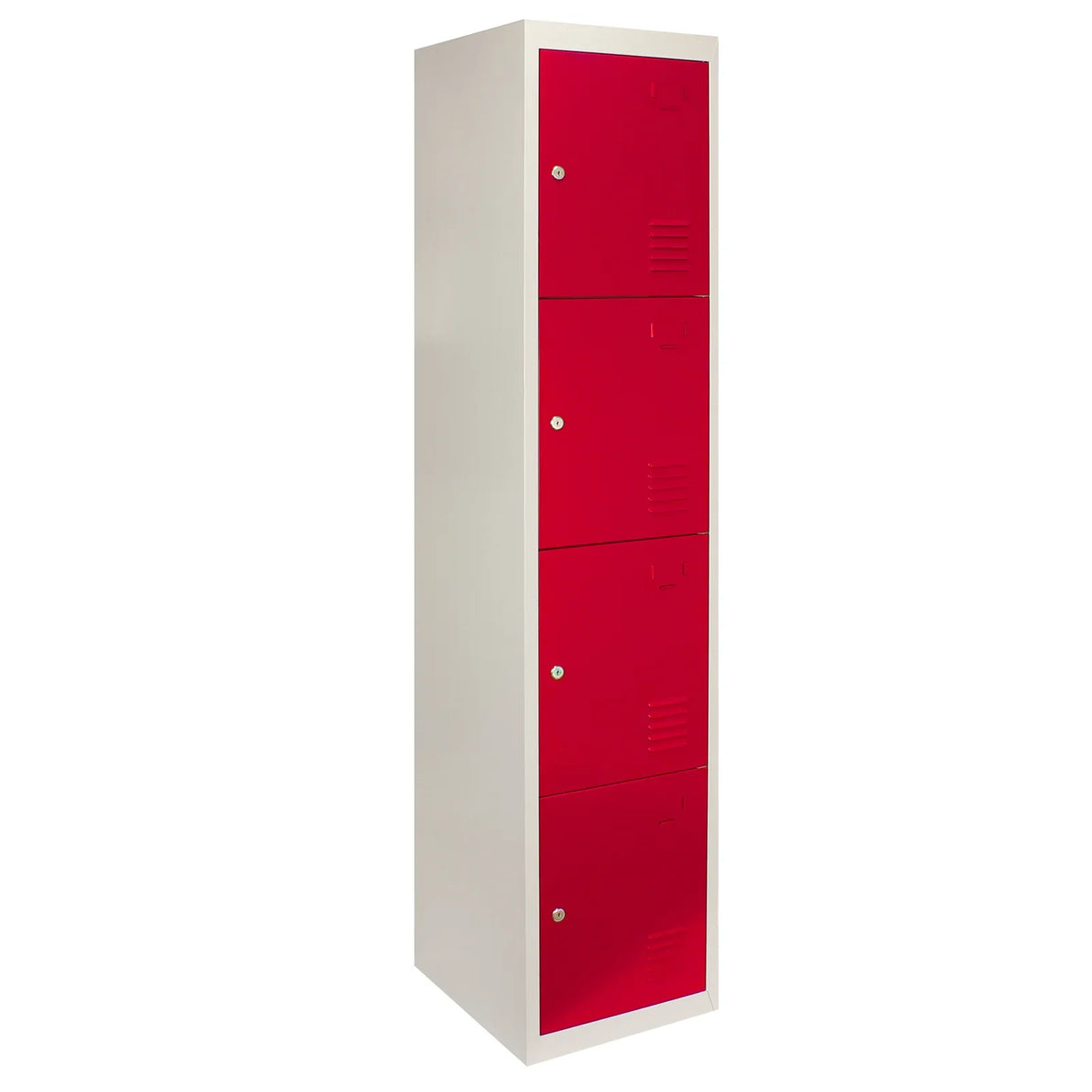 Red metal storage lockers with four doors, featuring a sleek design and flatpacked for easy assembly, ideal for organizing spaces