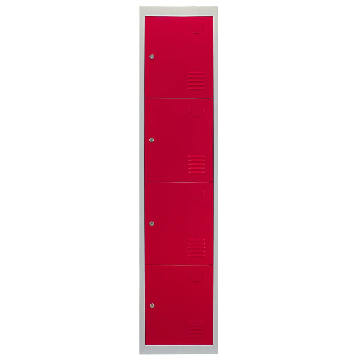 Four-door metal storage lockers in vibrant red with a sleek design, featuring ventilation slots and secure locks for safety