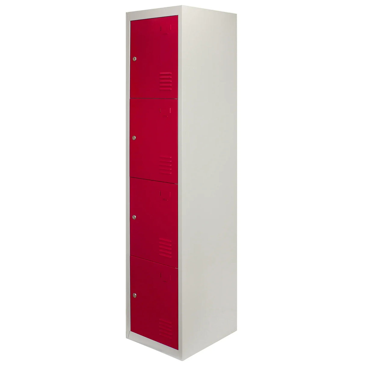 Four-door metal storage lockers in vibrant red with a sleek white frame, featuring textured doors and secure locking mechanisms
