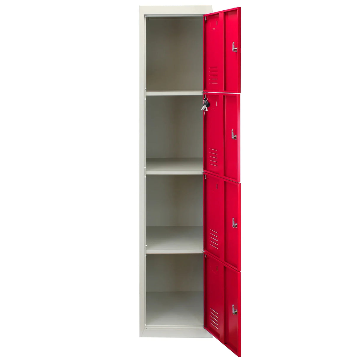 Red metal storage lockers with four doors, featuring a sleek design, ventilation slots, and a durable finish for organization