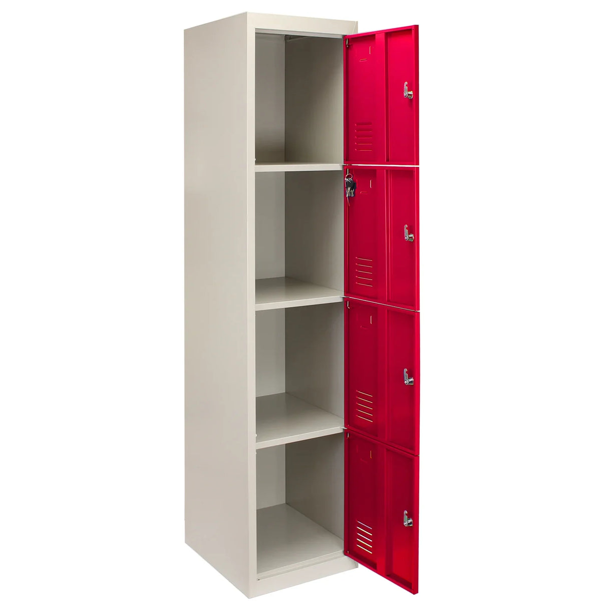 Four-door metal storage lockers in red and gray, featuring flatpack design, sleek lines, and ventilation slots for airflow