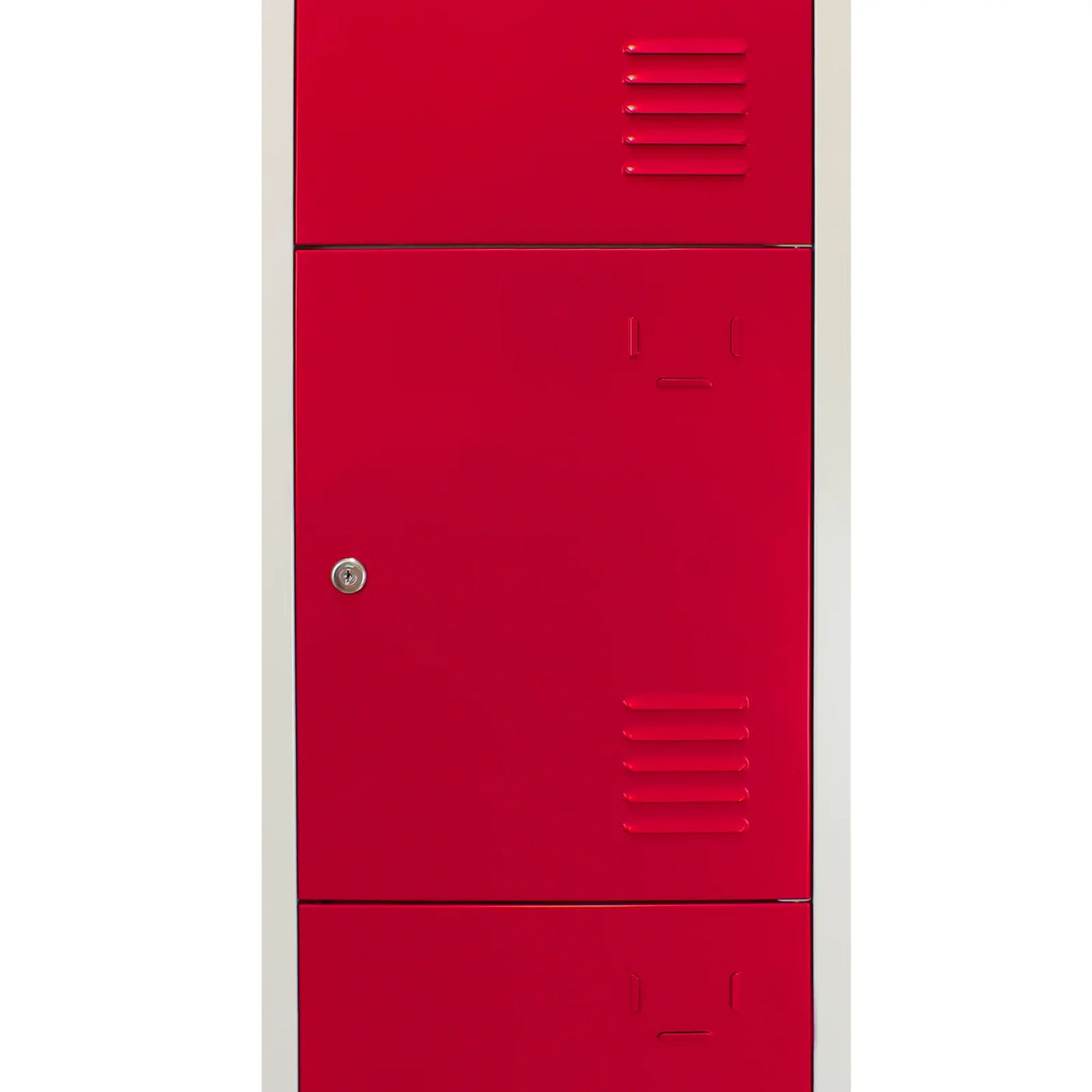 Red metal storage locker with four doors, featuring ventilation slots and a secure lock, designed for flatpack assembly