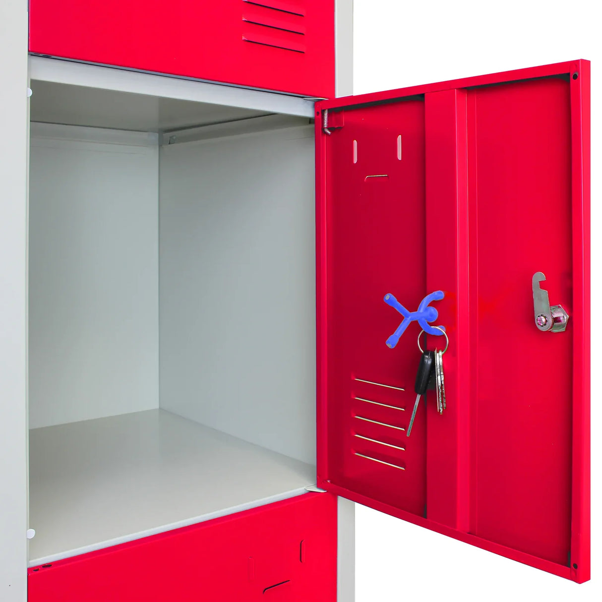 Red metal storage locker with four doors, featuring an open door showcasing a spacious interior and key hanging inside