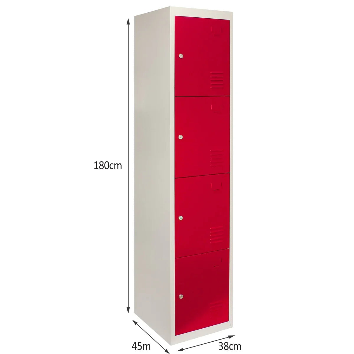 Four-door metal storage lockers in vibrant red, flatpacked design, featuring a sleek white frame and ventilation slots for airflow