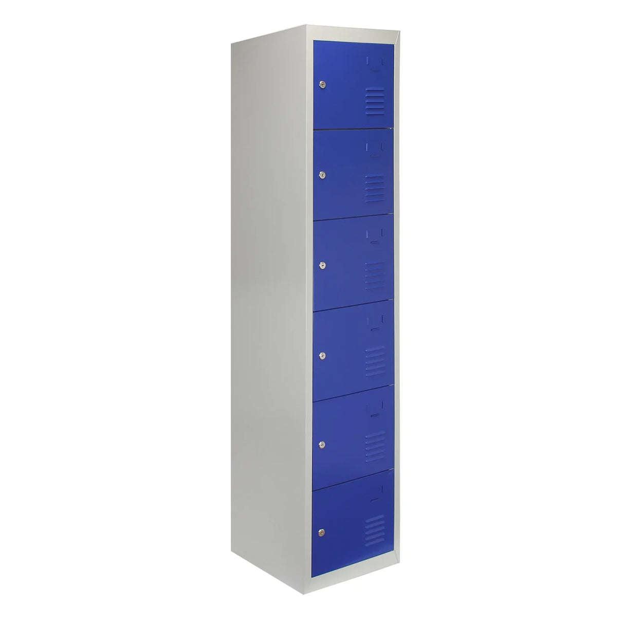 Six-door metal storage lockers in blue, featuring a sleek design, flat-packed for easy assembly, ideal for organizing spaces