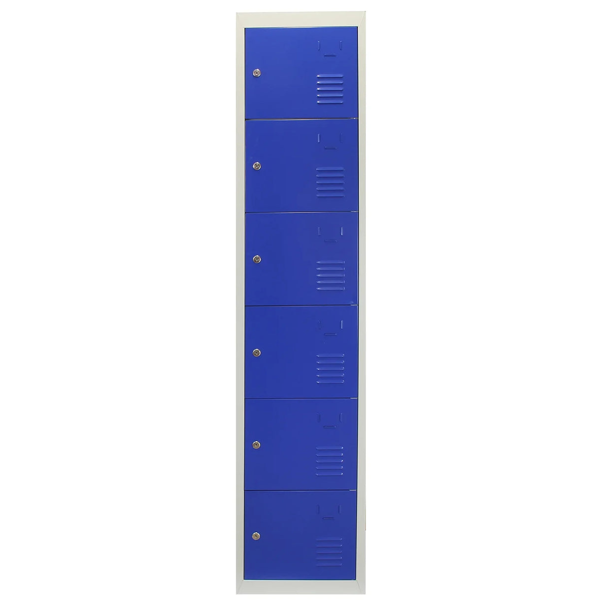 Six-door metal storage lockers in vibrant blue, featuring a flat-packed design with ventilation slots and secure locking mechanisms